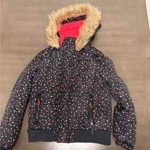 Athletech Black Polka Dot Puffer Jacket with Faux Fur Hood